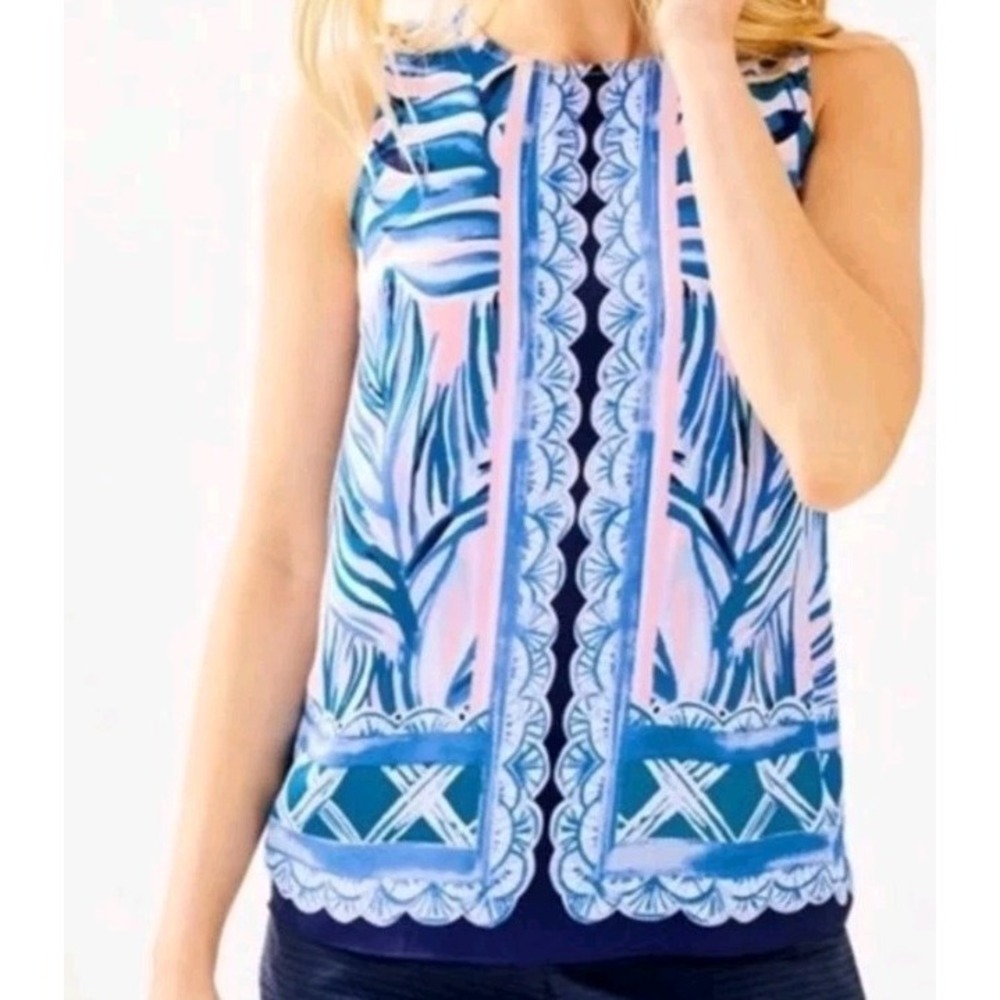Lilly Pulitzer Iona Sleeveless Tank Top Blouse Women's XL Pink Blue Gold Buttons